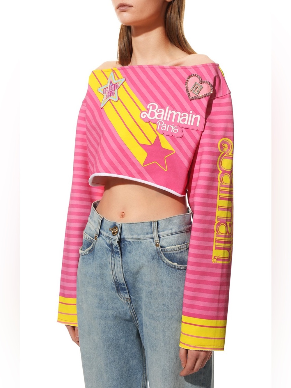 Balmain x Barbie Pink Cotton Off-The Shoulder Crop Top - Picture 2 of 9